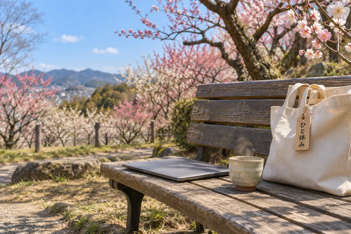 梅の咲く公園のベンチに置かれた閉じたPCとお茶、「ひと休み」の木札