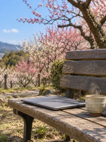 梅の咲く公園のベンチに置かれた閉じたPCとお茶、「ひと休み」の木札