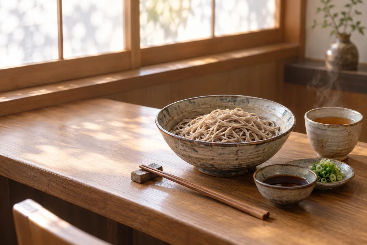 そば店のカウンターに置かれたそばと韃靼そば茶