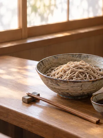そば店のカウンターに置かれたそばと韃靼そば茶