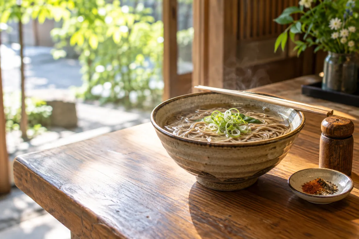 湯気の立つそばと七味唐がらしの薬味