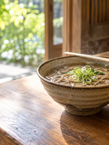 湯気の立つそばと七味唐がらしの薬味