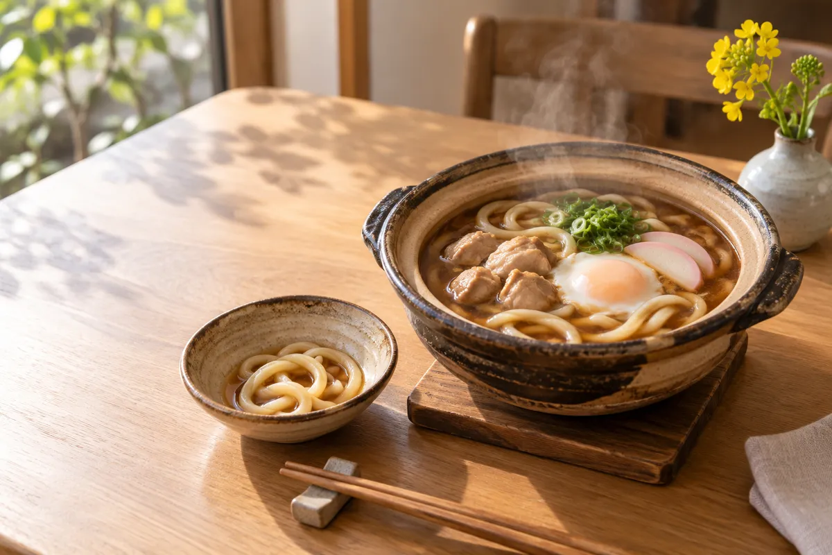 土鍋で煮込んだ味噌煮込みうどんと、ふたの取り皿