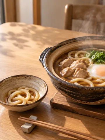 土鍋で煮込んだ味噌煮込みうどんと、ふたの取り皿