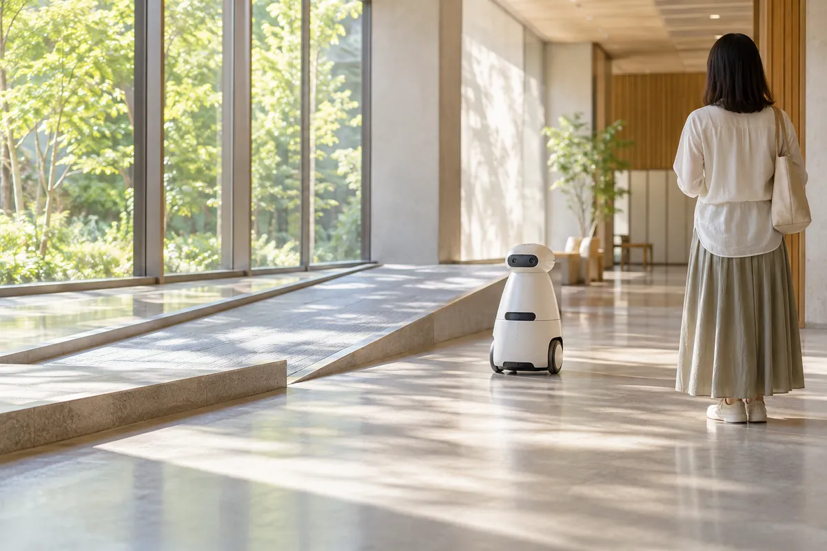 明るい廊下をゆっくり進む小さな配膳ロボット