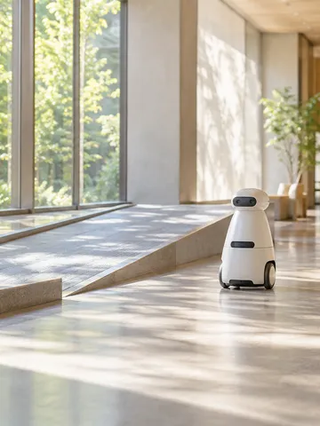 明るい廊下をゆっくり進む小さな配膳ロボット