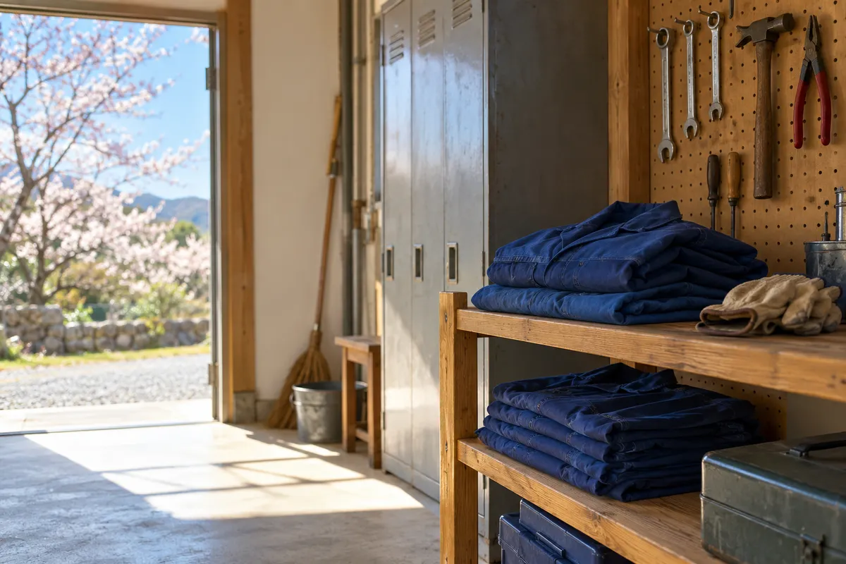 作業場の棚に畳まれた青い作業服と手袋