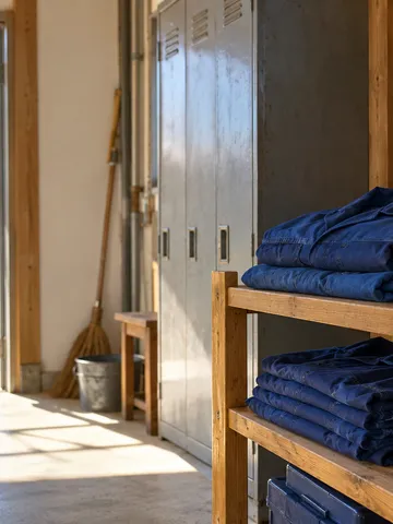 作業場の棚に畳まれた青い作業服と手袋
