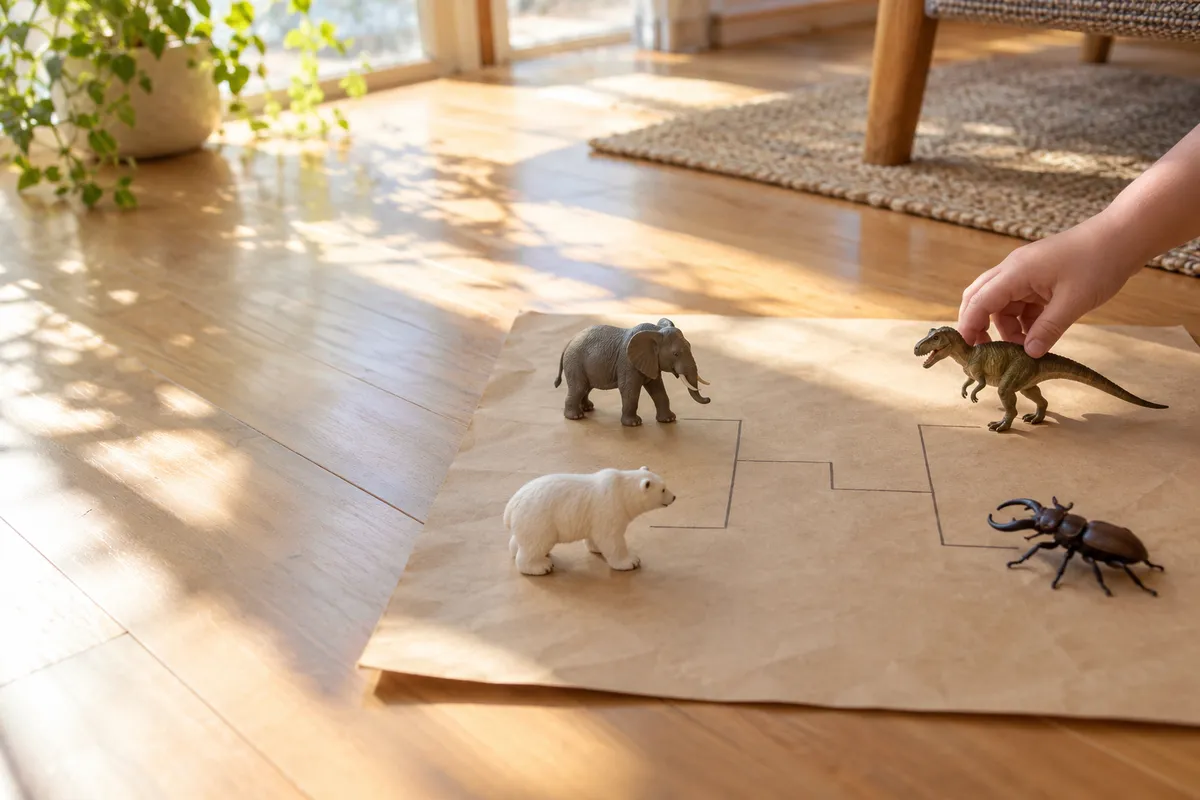 トーナメント表の上で向かい合う動物と恐竜のおもちゃ
