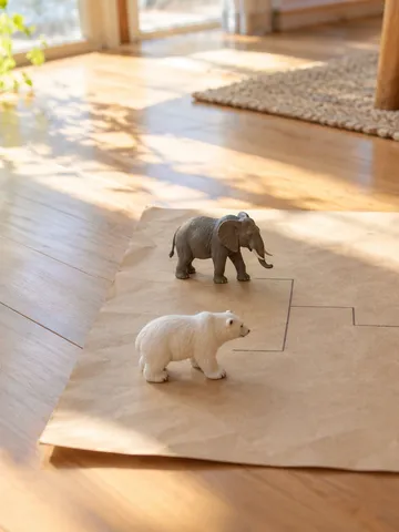トーナメント表の上で向かい合う動物と恐竜のおもちゃ