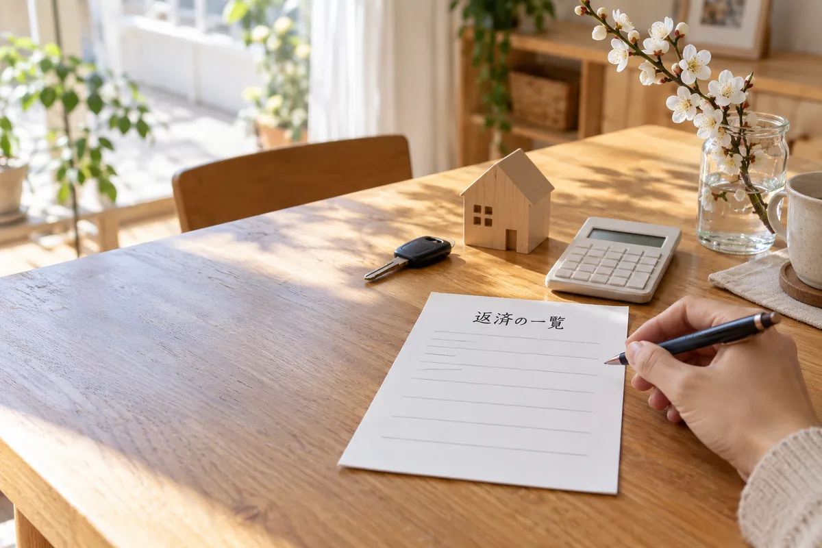 「返済の一覧」と書かれた紙と木の家の模型
