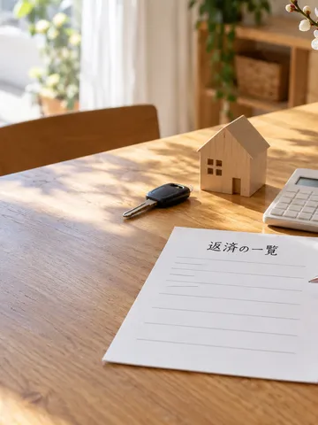 「返済の一覧」と書かれた紙と木の家の模型