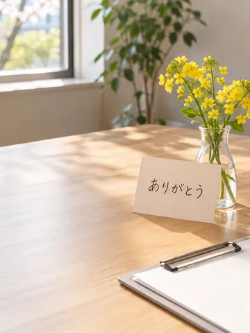 面接室の机に置かれた「ありがとう」のカードと菜の花