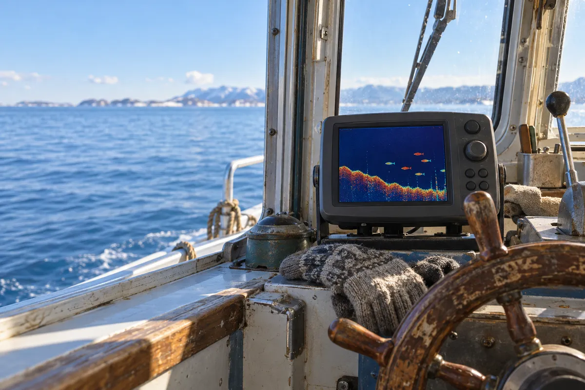 漁船の操舵席にある魚群探知機の画面と海