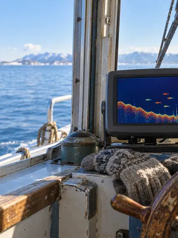 漁船の操舵席にある魚群探知機の画面と海