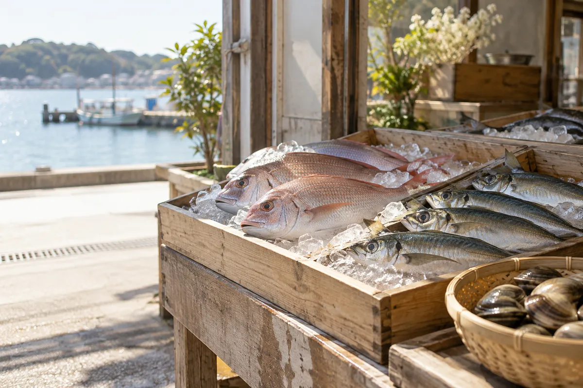 市場の魚屋の氷の上に並ぶ新鮮な魚と貝