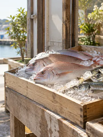 市場の魚屋の氷の上に並ぶ新鮮な魚と貝