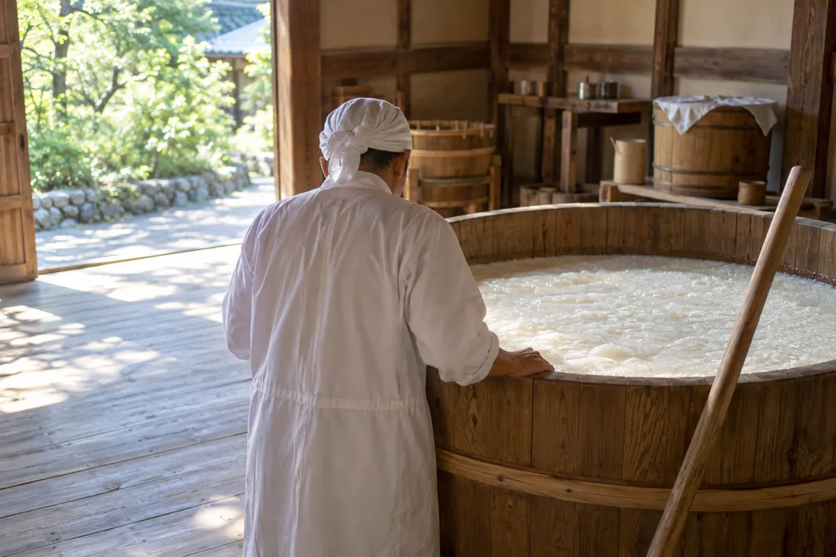 酒蔵の木桶で発酵する白いもろみ