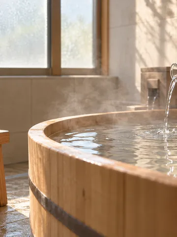 木の浴槽に日本酒を注ぐ手元と徳利