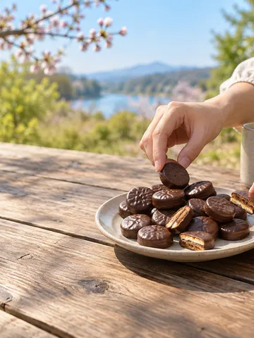 屋外のテーブルで分け合う一口チョコビスケット