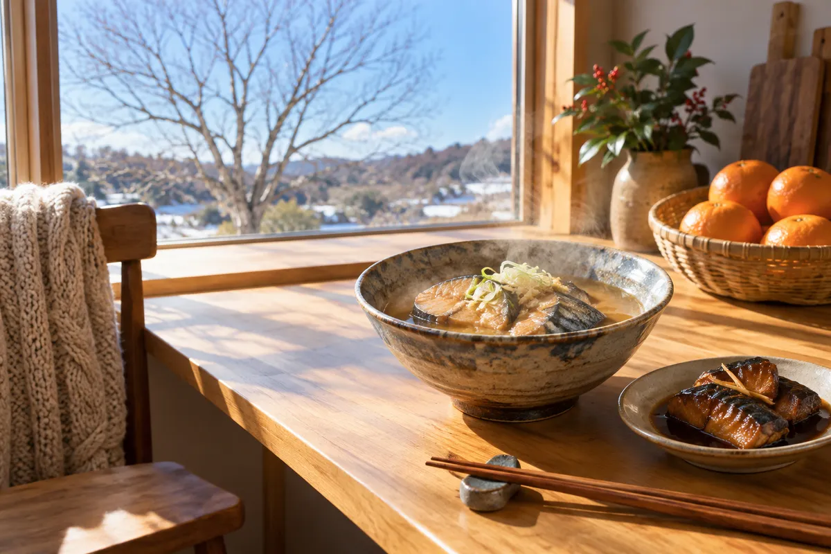 鯉こくと甘露煮、みかんが並ぶ冬の台所