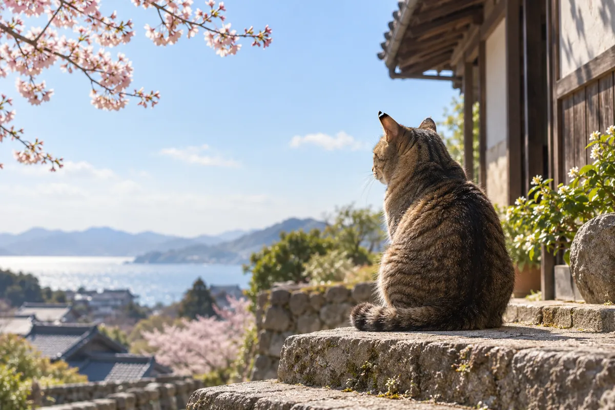 日なたの石段にいる耳先が桜形の猫と桜の枝