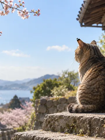 日なたの石段にいる耳先が桜形の猫と桜の枝