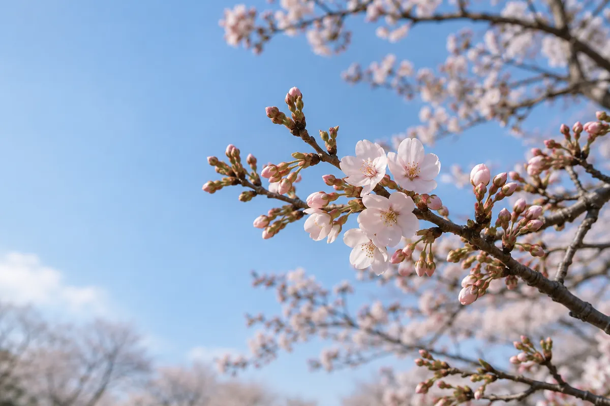 青空の下で咲き始めた桜の枝とつぼみ