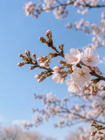 青空の下で咲き始めた桜の枝とつぼみ