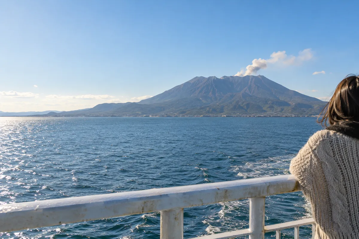 フェリーの甲板から望む桜島と青空