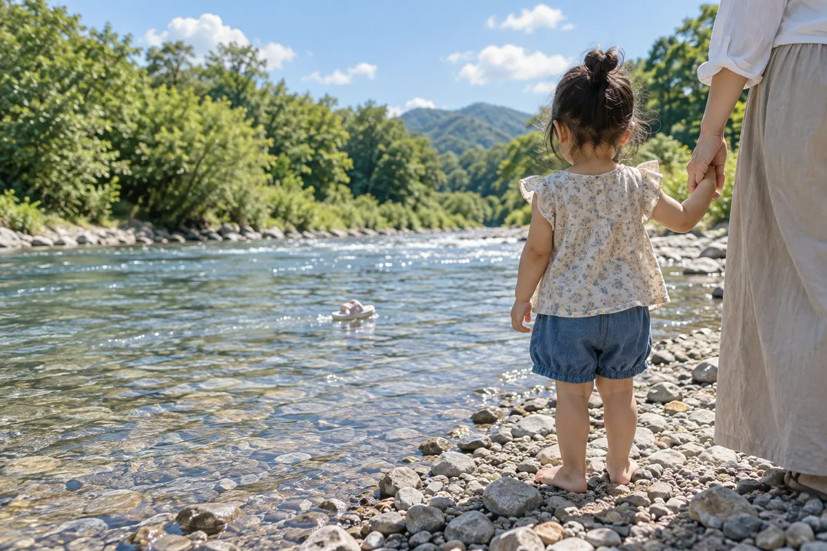 川辺で流れるサンダルを見送る子どもと大人の手