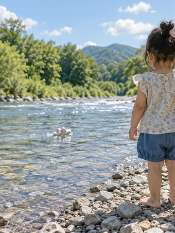 川辺で流れるサンダルを見送る子どもと大人の手