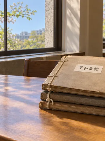 「平和条約」と書かれた綴じ文書と白手袋