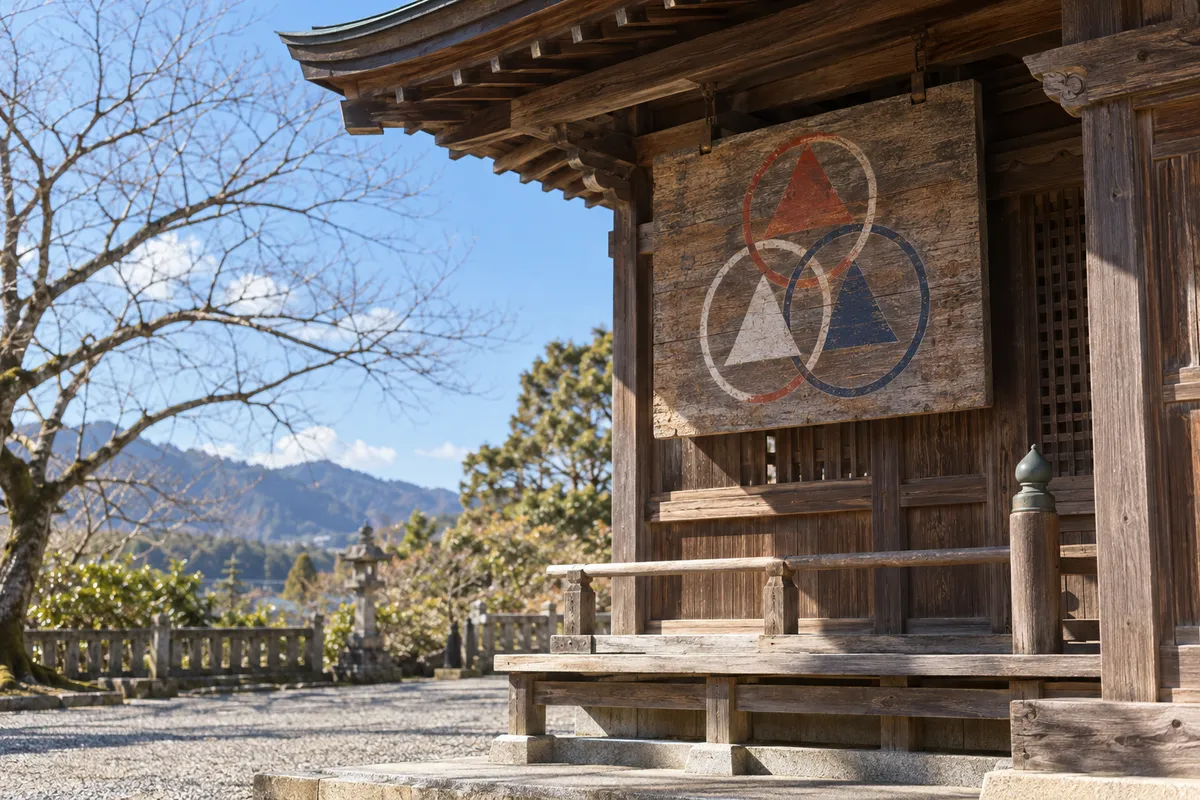 冬の晴れた神社の軒下に掛かる、図形の算額