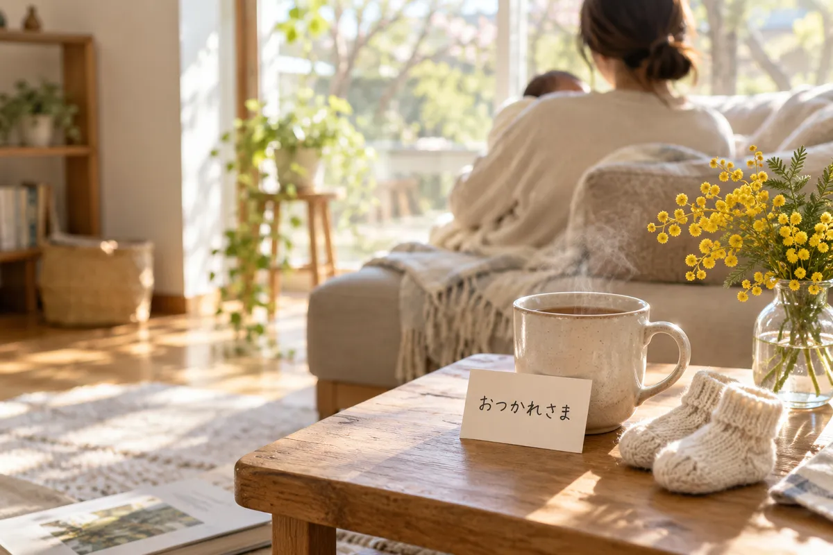 日なたの居間にある湯気の立つ茶と、おつかれさまのカード
