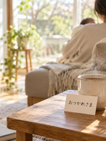 日なたの居間にある湯気の立つ茶と、おつかれさまのカード