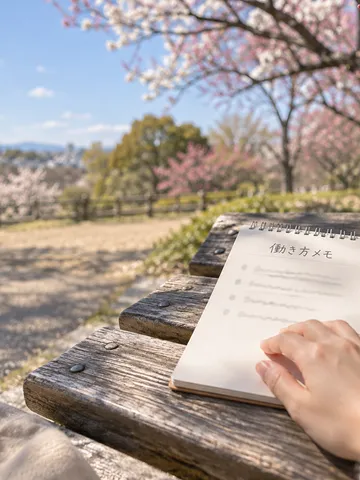 日なたのベンチに置かれた「働き方メモ」のノート