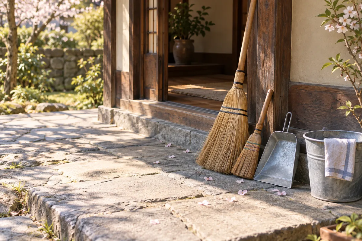 日なたの玄関先に立てかけた大小のほうきとちりとり