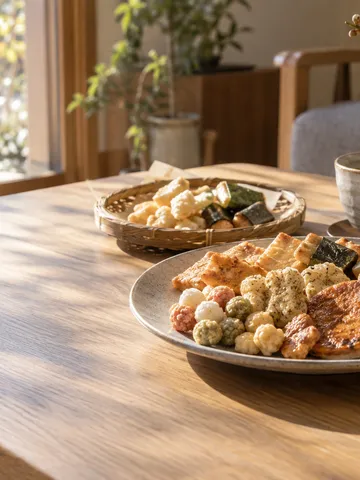 皿に盛られたあられとおかき、おせんべい