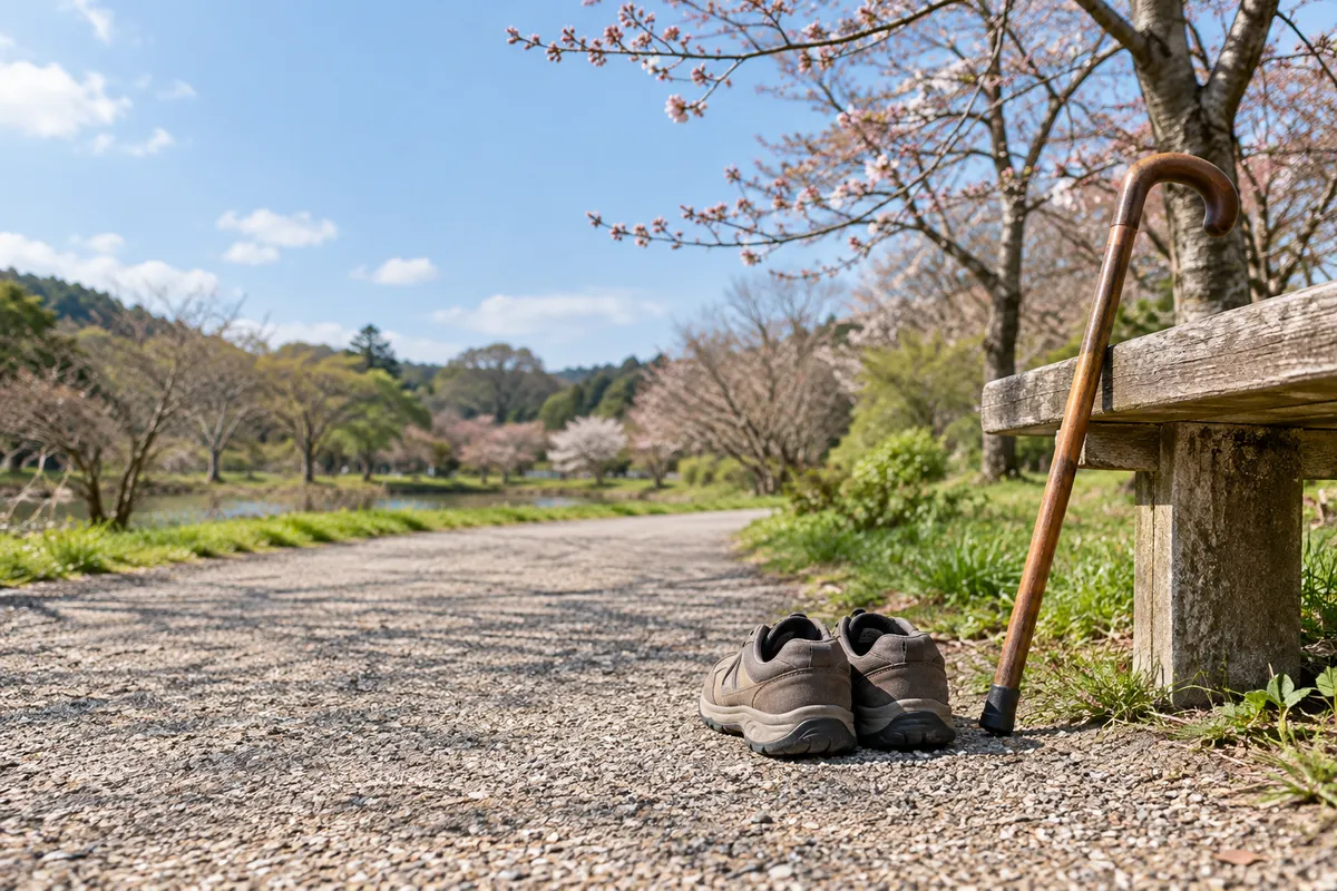 春の公園の散歩道と歩きやすい靴、杖