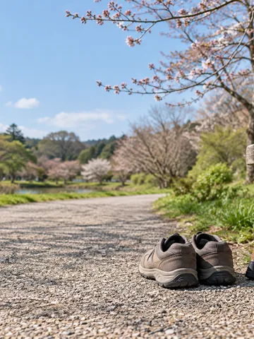 春の公園の散歩道と歩きやすい靴、杖