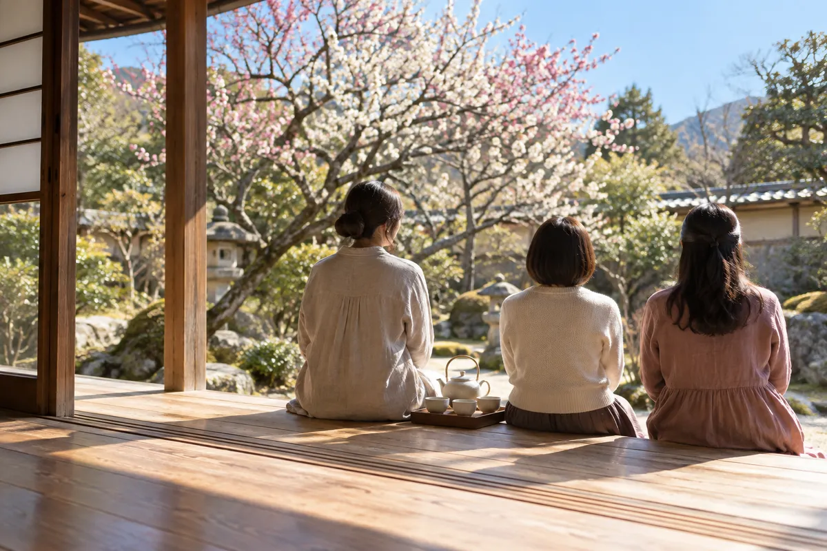 縁側に並んで座る三人の後ろ姿と梅の花
