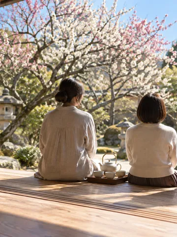 縁側に並んで座る三人の後ろ姿と梅の花