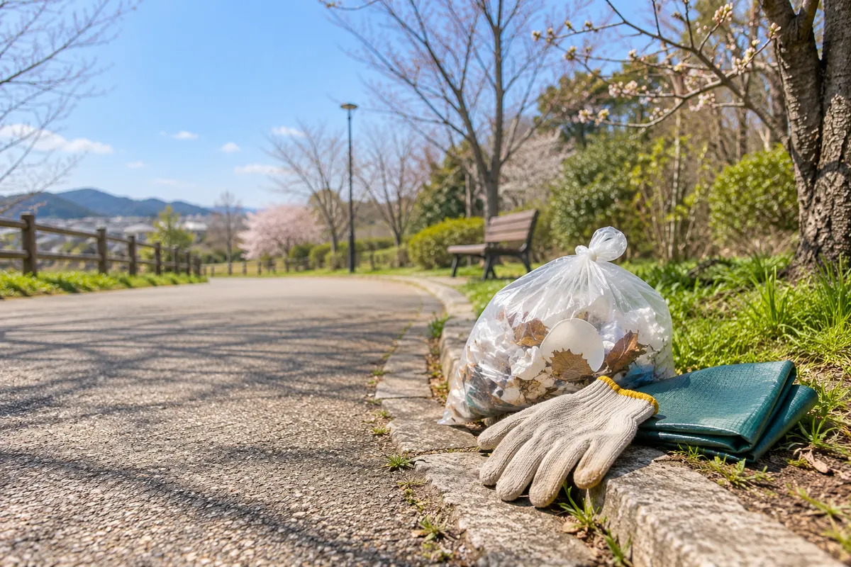 日なたの道に置かれた軍手とごみ袋