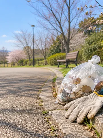 日なたの道に置かれた軍手とごみ袋