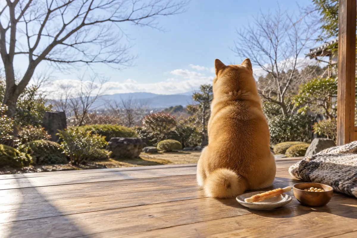 縁側で犬のおやつと福豆が置かれた冬の昼