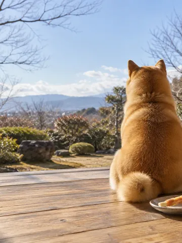 縁側で犬のおやつと福豆が置かれた冬の昼