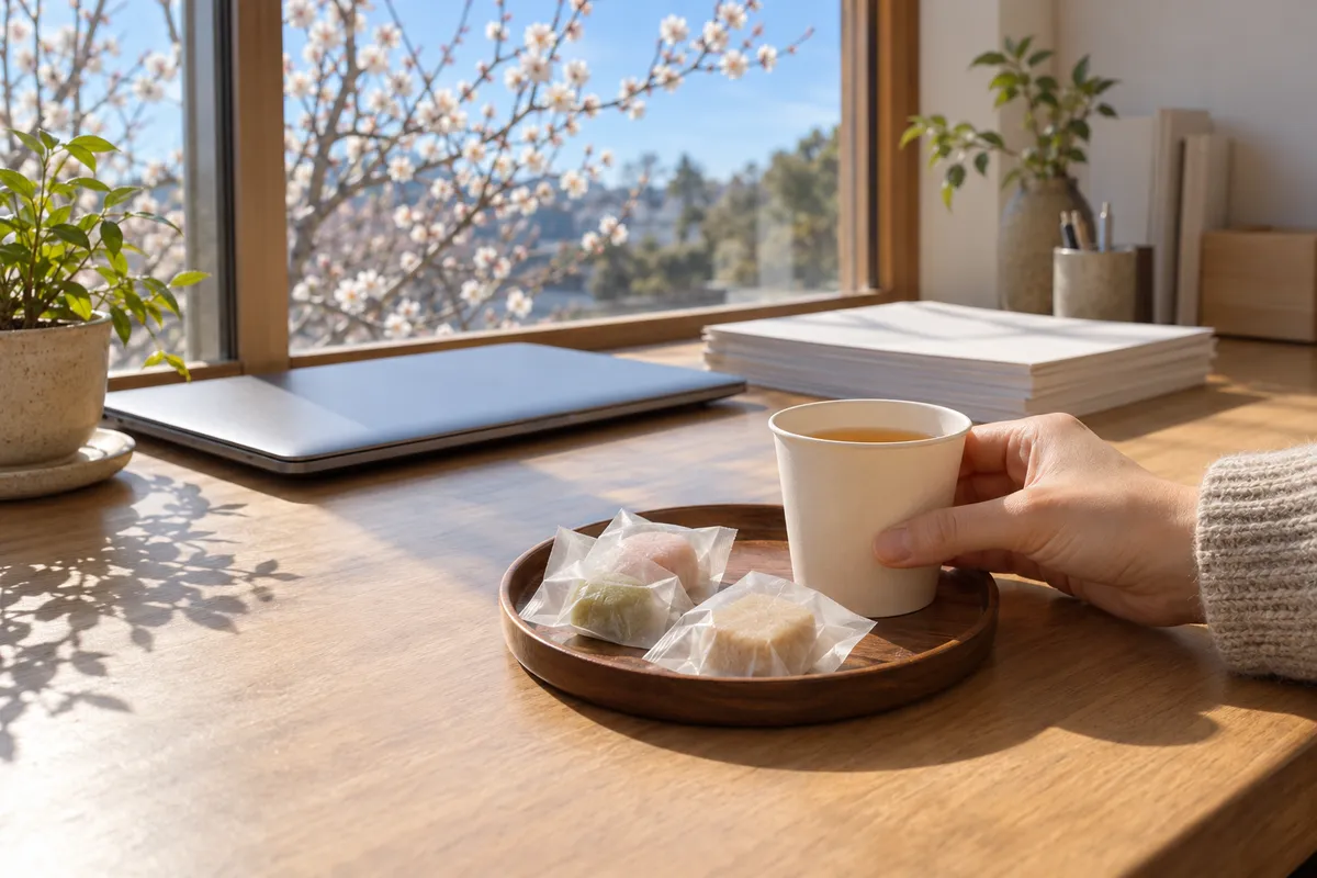忙しい机に差し入れのお菓子とお茶を置く手元