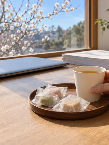 忙しい机に差し入れのお菓子とお茶を置く手元