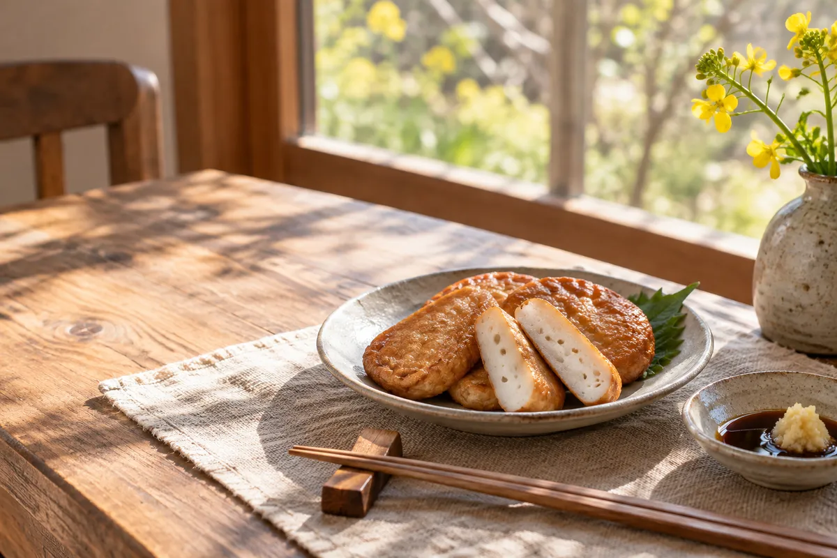 窓辺の食卓に並ぶ焼いたさつま揚げとしょうが